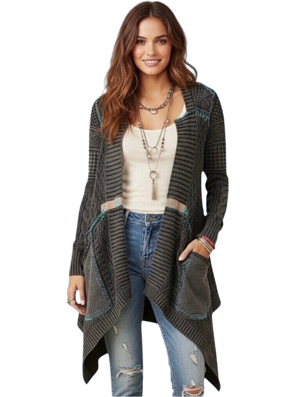 Free People Mixed Knit Waterfall Cardigan
Open Sweater, Tie Waist, Blue Gray, XS - Picture 2 of 16